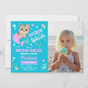 Mermaid Cat Birthday, Kitten Pool Party Photo Invitation
