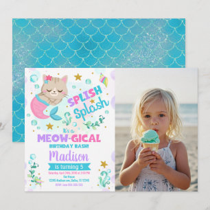 Mermaid Cat Birthday, Kitten Pool Party Photo Invitation
