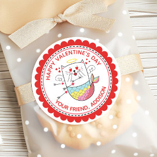 Mermaid Cat Cute Personalised Valentine Classic Round Sticker