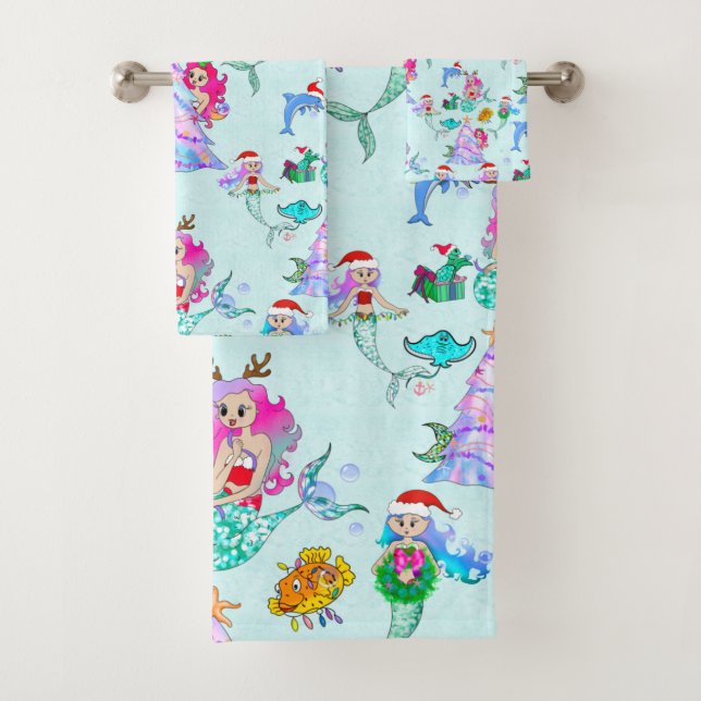 Mermaid Celebrating Christmas With Friends Bath Towel Set (Insitu)