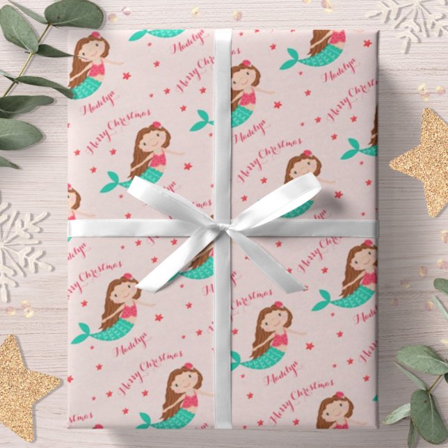 Mermaid Christmas Blush Pink Personalised Wrapping Paper (Creator Uploaded)