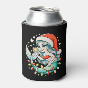 Mermaid Christmas Lights Santa Hat Girly Xmas Vibe Can Cooler