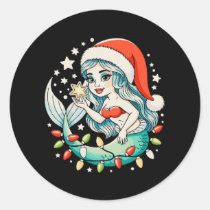 Mermaid Christmas Lights Santa Hat Girly Xmas Vibe Classic Round Sticker