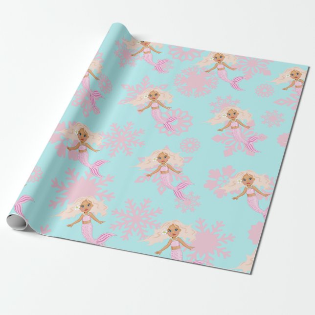 Mermaid Christmas Pink Blue Girl Snowflake Wrapping Paper (Unrolled)