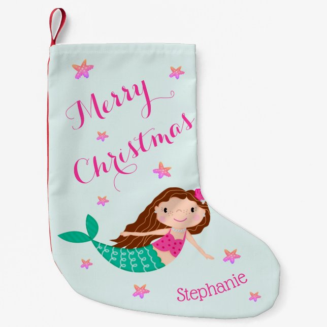 Mermaid Christmas Pink Teal Personalised Small Christmas Stocking (Front)