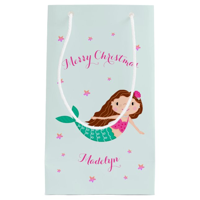 Mermaid Christmas Pink Teal Personalised Small Gift Bag (Front)