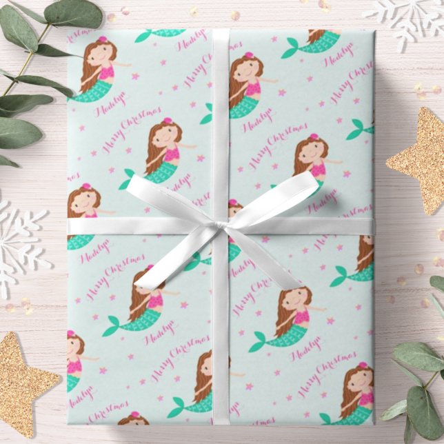 Mermaid Christmas Pink Teal Personalised Wrapping Paper (Creator Uploaded)