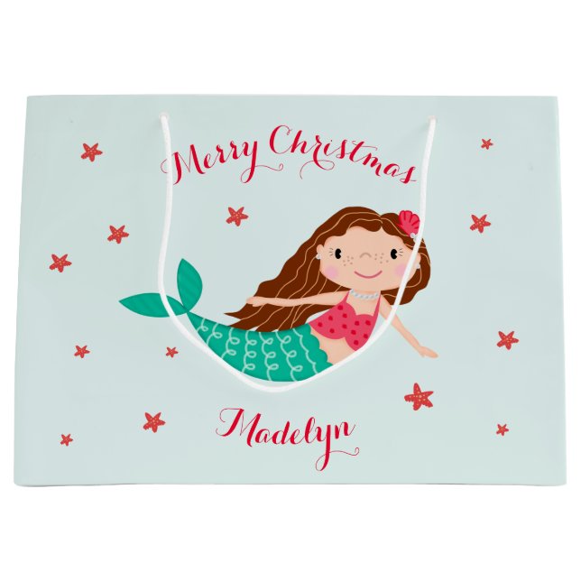 Mermaid Christmas Red Aqua Personalised Large Gift Bag (Front)