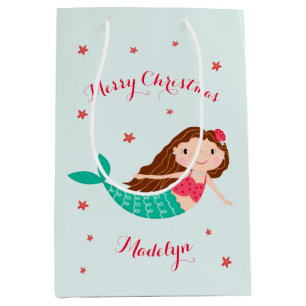 Mermaid Christmas Red Aqua Personalised Medium Gift Bag