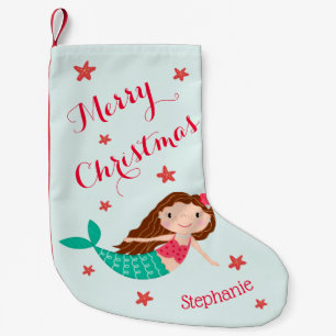 Mermaid Christmas Red Aqua Personalised Small Christmas Stocking