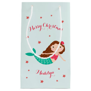 Mermaid Christmas Red Aqua Personalised Small Gift Bag