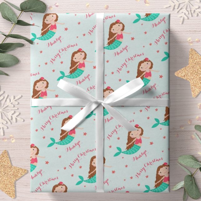 Mermaid Christmas Red Aqua Personalised Wrapping Paper (Creator Uploaded)