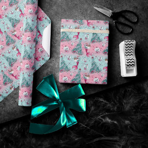 Mermaid Christmas   Stockings and Trees Teal Pink Wrapping Paper