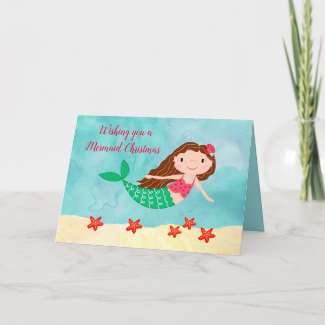 Mermaid Christmas Watercolor Holiday Card (Front)
