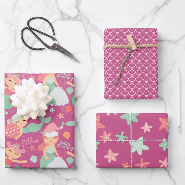 Mermaid Christmas Wrapping Paper Sheet (Front)