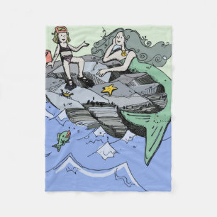 Mermaid coastal cute cartoon beach child art fleece blanket