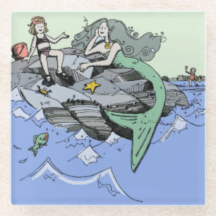 Mermaid coastal cute cartoon beach child art glass coaster