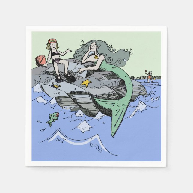 Mermaid coastal cute cartoon beach child art napkin (Front)