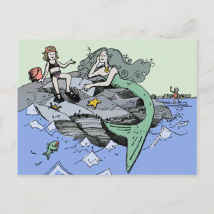 Mermaid coastal cute cartoon beach child art postcard