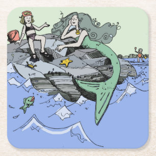 Mermaid coastal cute cartoon beach child art square paper coaster