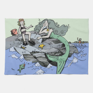 Mermaid coastal cute cartoon beach child art tea towel