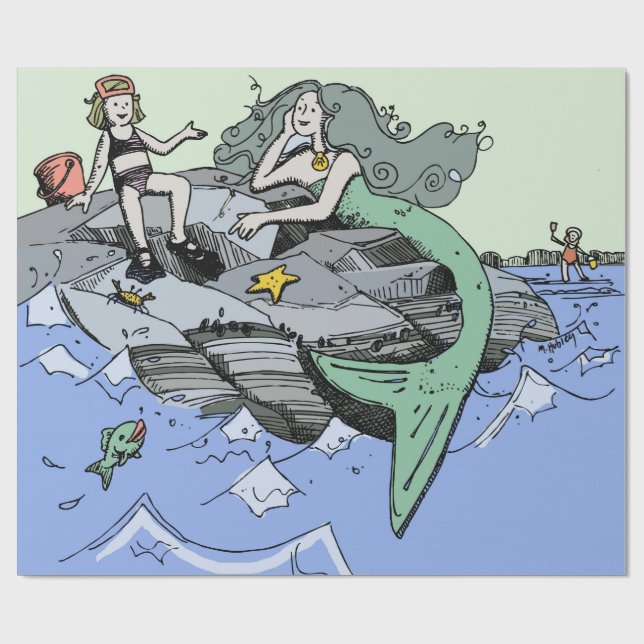 Mermaid coastal cute cartoon beach child art wrapping paper (Flat)
