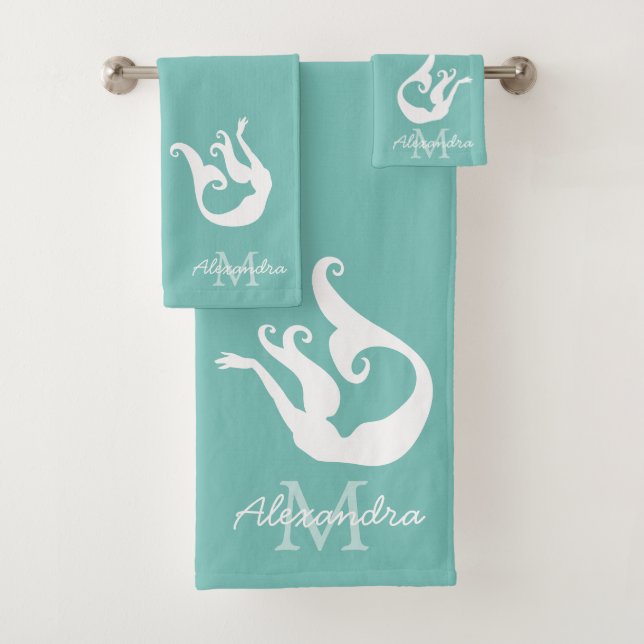 Mermaid coastal Teal Blue White Beach  Bath Towel Set (Insitu)
