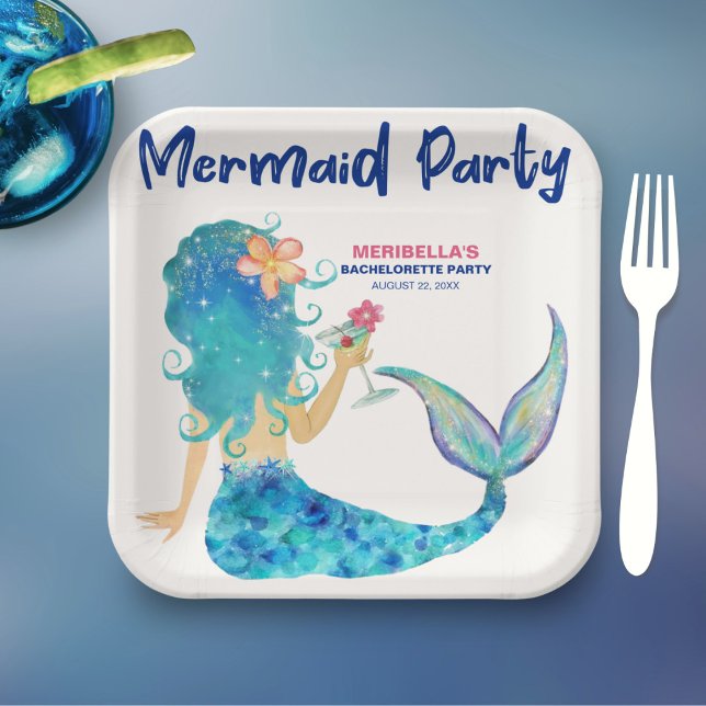 Mermaid Cocktail Minimalist Beach Bachelorette Paper Plate (Creator Uploaded)