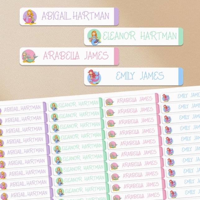 Mermaid Colour Coded Girl Waterproof Name (Mermaid Themed Waterproof Kids Name Labels in handwritten print by Darling & May)