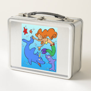 Mermaid comic ocean underwater dolphin work of art metal lunch box