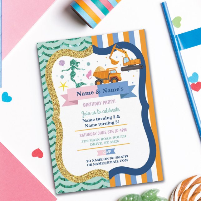 Mermaid & Construction Joint Boy Girl Birthday Invitation (Creator Uploaded)