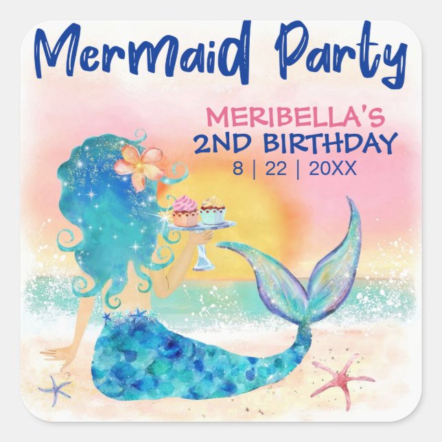 Mermaid Cupcakes Tropical Beach Girl's Birthday Square Sticker (Front)