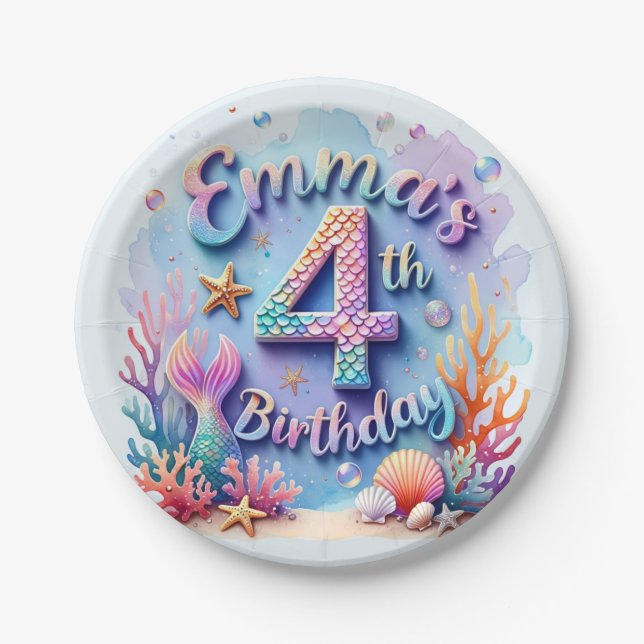 Mermaid Custom Name & Age - Under the Sea Party Paper Plate (Front)