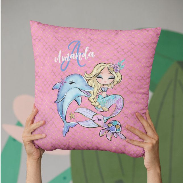 Mermaid Custom Pink Gold Monogram Girl Bedroom Cushion (Mermaid Custom Pink Gold Monogram Girl Bedroom Throw Pillow
)
