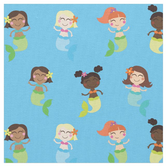 Mermaid Cute Cartoon Kids Print Fabric (Close Up)