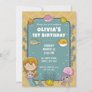 Mermaid Cute Girls 1st Birthday Party  Invitation