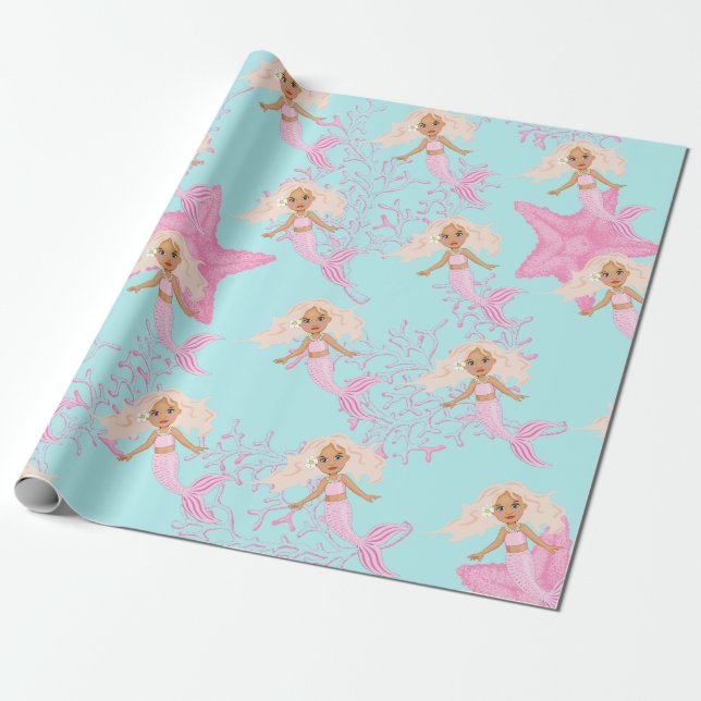 Mermaid Cute Girly Pink Blue Under The Sea Wrapping Paper (Unrolled)