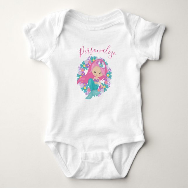 Mermaid Cute Little Girl Mermaid Pink Flowers Baby Bodysuit (Front)