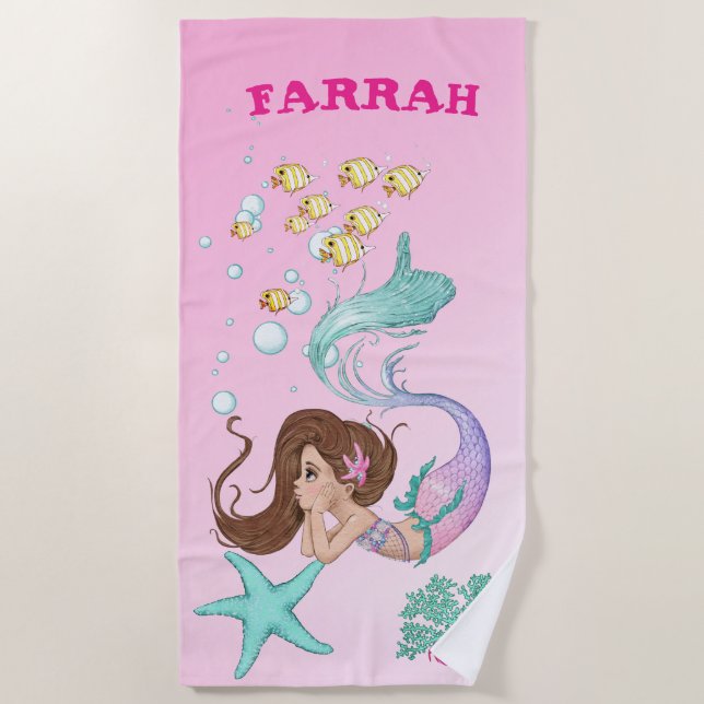 Mermaid Cute Pink Starfish Dark Hair Personal   Beach Towel (Front)