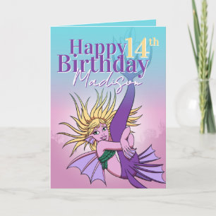 Mermaid Cute Purple Cartoon Girl 14th Birthday Card
