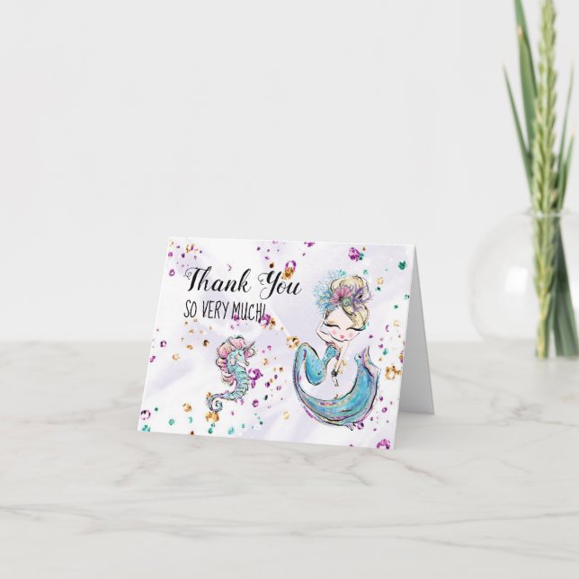 *~* Mermaid Cute Sea Horse  Baby Shower Thank You Card (Front)