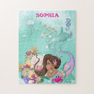 Mermaid Dark Green Starfish Cute Personal Jigsaw Puzzle