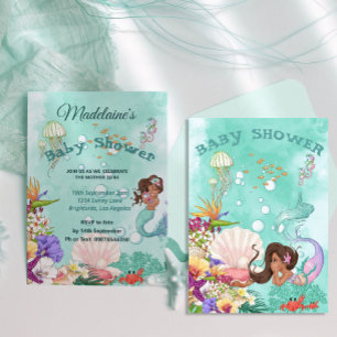 Mermaid Dark Hair Baby Shower Cute Green  Invitation