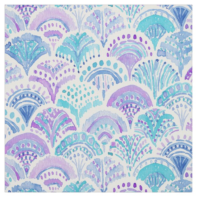 MERMAID DAYDREAMS Watercolor Boho Beach Fish Scale Fabric (Swatch)