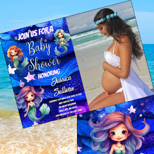 Mermaid Deep Blue Purple Sea Photo Baby Shower     Invitation