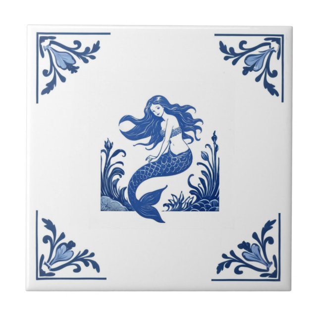 Mermaid Delft Blue and White Floral Corners Ceramic Tile (Front)