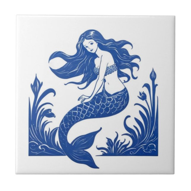 Mermaid Delft Blue and White Sea Ocean Life Ceramic Tile (Front)