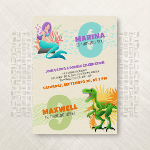 Mermaid Dinosaur Joint Double Birthday Invitation