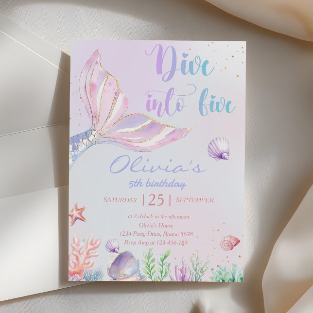 Mermaid Dive Into Five 5th Birthday Party Invitation (Creator Uploaded)