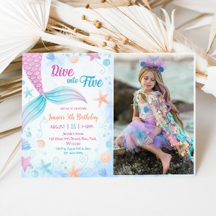 Mermaid Dive Into Five 5th Birthday Party Photo Invitation